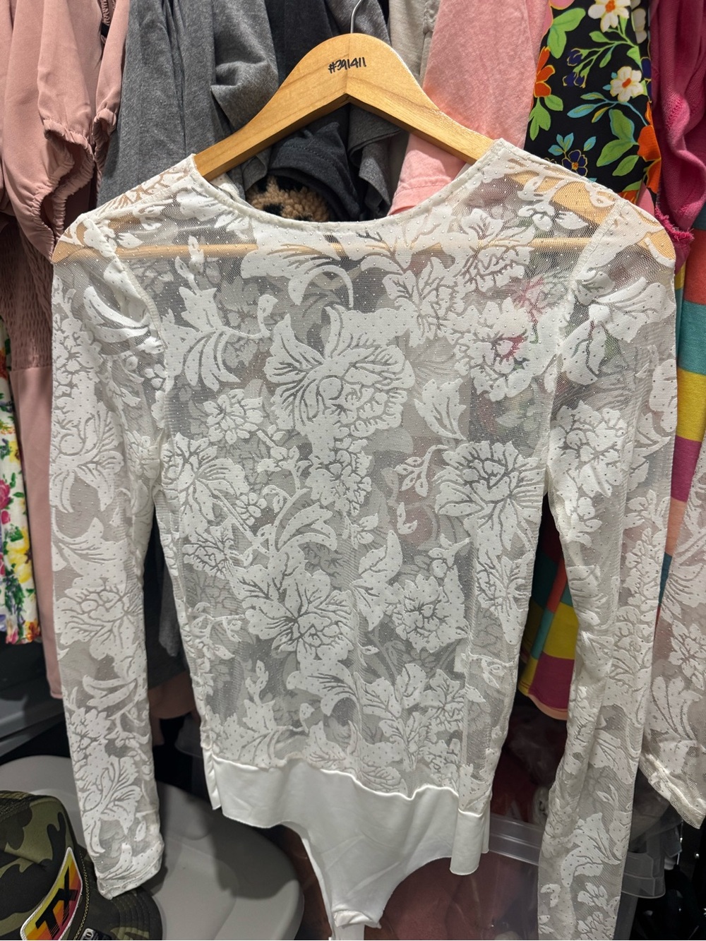 NWT: Sheer Floral Lace Long-Sleeve Bodysuit - White